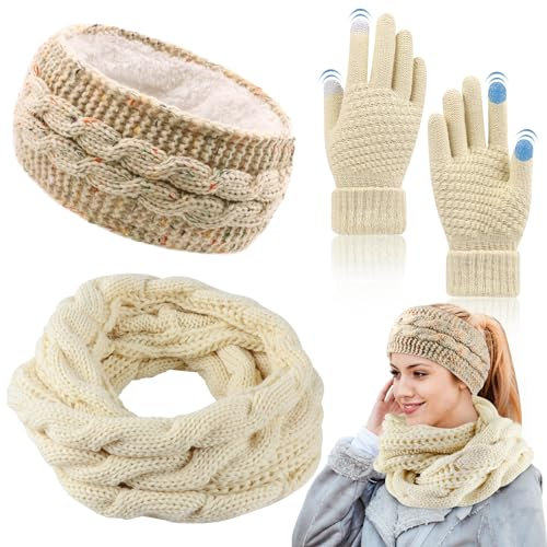 VICTERR Winter Warm Knitted Scarf Headband and Gloves Set for Women Ladies,3 in1 Ear Warmer Headband Knitted Headbands and Long Scarf Women Touch Screen Gloves for Winter Shopping Skiing Running