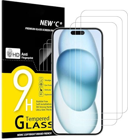 NEW'C 3 Piezas, Protector Pantalla para iPhone 15, iPhone 15 Pro (6,1 Pulgadas), Cristal templado Antiarañazos, Sin Burbujas, Dureza 9H, 0.33 mm Ultra Transparente, Ultra Resistente