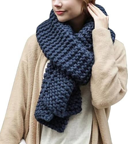 Damen Strickschal Lang XXL Warme Grobstrick Schal Oversize Winterschal, 190 x 32cm (One Size, Beige) (Blau)