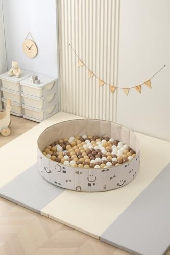 Ubaby - Piscina de Bolas Para Bebés con Alfombra Beige Sonrisas - 120x30 cm y 100 Bolas 7 cm - Marrón - Bolsa de transporte incluida