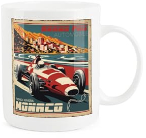 Purely Home Monaco Grand Prix Mug - Retro Poster Style Race Car Gift/Present Cup - Tea/Coffee White Bone China Mug