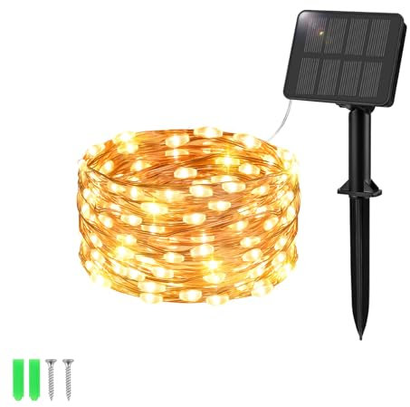Etopgo Solar Lichterkette Aussen 5M 50 LED Lichterkette Außen Solar 8 Modus IP65 Wasserdicht Kupferdraht Solarlichterkette Außen Wetterfest für Balkon, Hof, Garten Dekorationen Warmweiß [1 Stück]