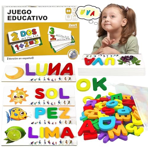 Spanisch Buchstaben Lernen Lernspiele, Montessori Spielzeug ab 3 4 5 6 7 8 Jahre mit 32 Beidseitig Scrabble Alphabet-Flash-Karten Kinderspielzeug Holz Vorschule Einschulung Geschenk für Junge Mädchen