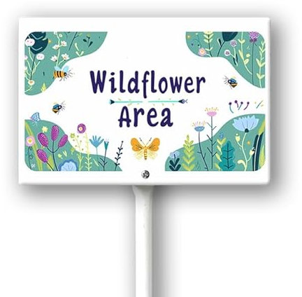 Geroclonup Wildblumen-Bereich-Schild mit Metallpfahl, 20,3 x 30,5 cm, Aufschrift No Mow May Hof, kein Mähen, Aluminium, Gartenschilder, Outdoor, für Rasen, Hof, Garten, Dekoration, einfach zu