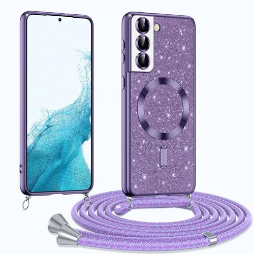 Phoona Coque pour Samsung Galaxy S22+/ S22 Plus 5G avec Cordon, Etui à Paillettes Compatible avec MagSafe, Antichoc Protection Coque pour Magnétique avec Réglable Collier, Pourpre