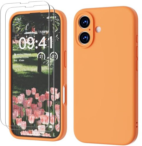GOODVISH 3 IN 1 for iPhone 16 Case 6.1 inch, Upgraded Camera Protection, 2X HD Screen Protector, Liquid Silicone Anti-Scratch Shockproof Gel Rubber Anti-Fingerprint Phone Case Cover, Orange