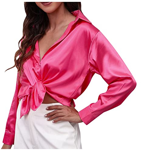 Chemisier Blouse Femme Chic et Élégant Chemise Femme en Satin Haut Fluide Ample Manche Longues Col V Shirts