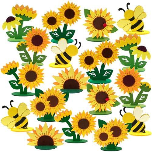 EASY JOY 18 Stück Sommerdeko Filz Sonnenblumen Tischdeko,Niedliche Filz Blumen,Gelb Tischdeko für Geburtstag,Balkon Deko,Tischdekoration,Gartenparty,Deko Wohnzimmer