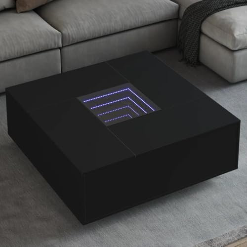Myheimly LED Couchtisch, Beistelltisch mit LED-Infinity-Spiegel, Kaffeetisch Sofatisch für Wohnzimmer, Wohnzimmertisch,Holzwerkstoff Couchtisch Schwarz,100 x 100 x 40 cm