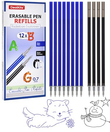 12 Stück Radierbare Ersatzminen (8x Blau + 4x Schwarz), Kompatibel mit Legami, Spitze: 0.7mm, Höhe: 13cm, Thermo-Tinte Nachfüllminen Kompatibel mit Löschbaren Stiften - Ideal für Schule & Büro