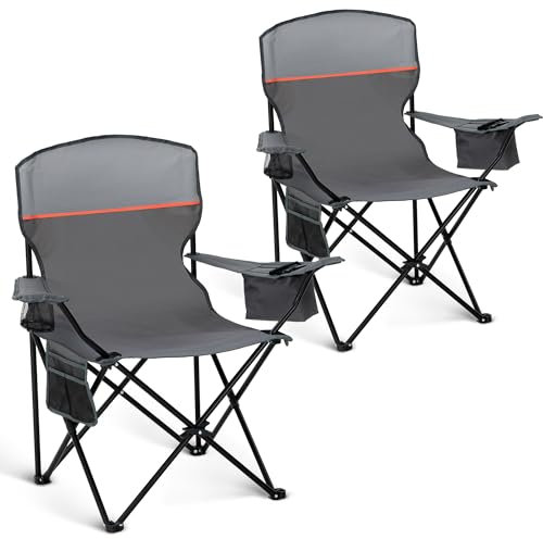 HIGH POINT SPORTS Campingstuhl Faltbar 2er Set bis 102kg Campingsessel Klappstuhl mit Getränkehaltern Faltstuhl Camping Angelstuhl Klappbar mit Armlehnen Outdoorstuhl (Grau)