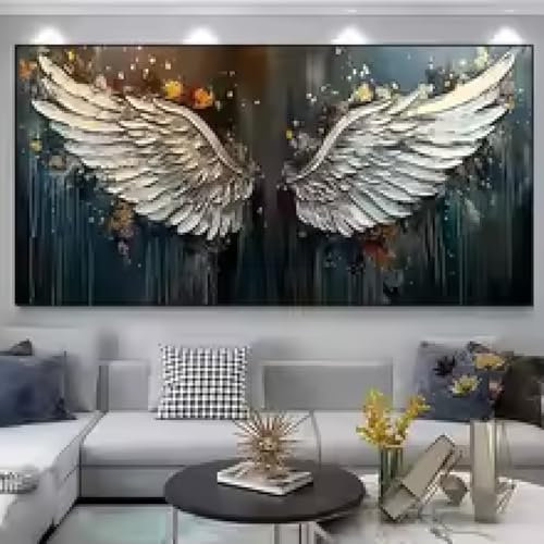 KEMEIQI Peinture sur toile abstraite de luxe avec ailes d'ange dorées, texture d'ailes de plumes colorées, peinture sur toile pour salon, décoration d'intérieur, 70 x 140 cm, sans cadre