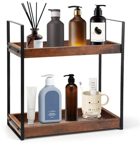 MUCOOS Standregal Badezimmer Organizer, Feuchtigkeitsgeschützt Holzregal Badezimmer Regal Holz mit Metallgestell, Multifunktionales Gewürzregal, Schreibtisch-Organizer für Küche Kaffee