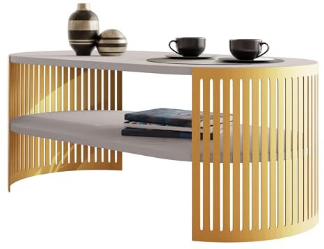 Mirjan24 Couchtisch mit Ablage Fahugin I, Ovale Form, Beine aus Metall, Kaffeetisch, Wohnzimmertische, Beistelltisch, Sofatisch, Teetisch (Cashmere, Gold)