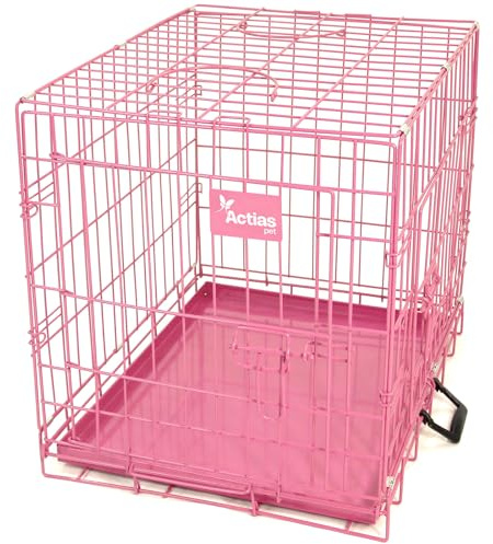 Actiaspet Pink Foldable Metal Dog Cage Crate with Removable Tray (Pink, Medium)