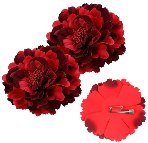 Clips de cheveux en forme de fleurs-2 pièces en rouge (11 cm)-Grosses fleurs réalistes pour les vacances à la plage, les photos, la danseet bien plus encore -Brochette et épingle à cheveux 2 en 1
