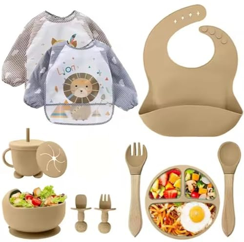 Baby Geschirrset Silikon 12-teilig – BPA-frei Kinderteller mit Saugnapf, Trinklernbecher mit Strohhalm, Silikonlätzchen, Schüssel, Holzlöffel, Babybesteck –Spülmaschinen- Mikrowellengeeignet (Braun)