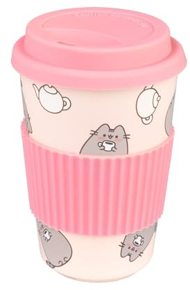 Grupo Erik Kaffeebecher To Go Keramik Pusheen Cat Trinkbecher Tasse mit Deckel 400 ml - Offizieller Kawaii Pusheen Geschenke Merch