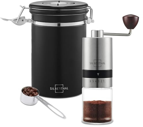 SILBERTHAL Handkaffeemühle manuell mit einstellbaren Mahlgraden | Luftdichte Kaffeedose 500g aus Edelstahl - aromatisch Kaffee zubereiten - 2 teilig