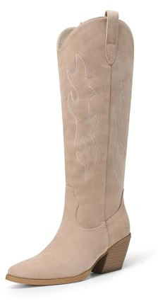 DREAM PAIRS Stivali da donna al ginocchio, comodi con tacco a blocco, punta a punta, cerniera laterale, stivali da equitazione in pelle scamosciata