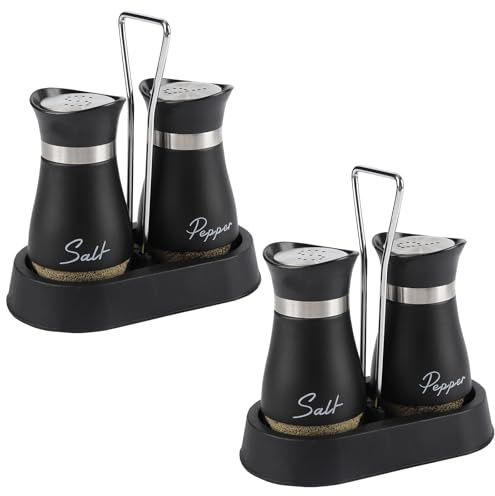 HZPZPP Salz- und Pfefferstreuer Set, 4 Stück, Glas, Schwarz | Edelstahl-Deckel, Mit Halter, Für Familie, Küche, Esstisch, Für Gäste und Grillen