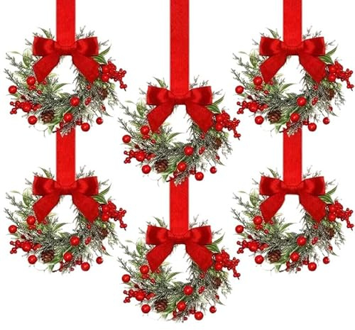 6 Stück Mini Weihnachtskränze mit Band, 13 cm Weihnachten Küchenschrank-Kränze, Rustikale Schleife mit Roten Beeren, Weihnachtsdeko für Küchenschrank, Fenster, Tür