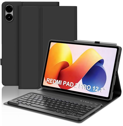 Funda Teclado for Xiaomi Redmi Pad 2 Pro 12.1/Redmi Pad Pro/Poco Pad 12.1 | Case Keyboard Bluetooth Magnético, QWERTY Español Ñ, Capa Desmontable con portalápices, Negro