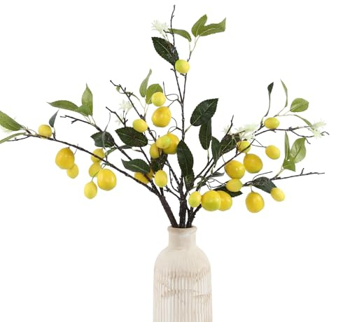 DuHouse Artificial Lemons Branches with Blossoms 3 Pcs | 53cm Yellow Foam Lemons Faux Greenery Stems with 9 Fruits for Kitchen Home Garden Party Decor