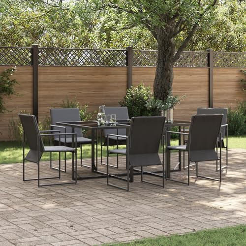 JHQHSM Salon de jardin 9 pièces avec coussins en acier et textilène, 6 chaises et table pour 8 personnes, meubles d'extérieur résistants aux intempéries avec revêtement en poudre et verre synthétique