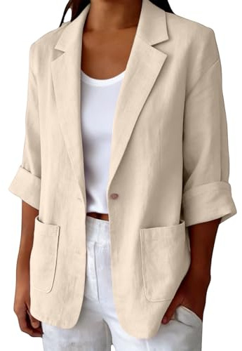 Beige Blazer,Linen Blazer Women 3/4 Sleeve Lapel Open Front Work Casual Blazers Lightweight Elegant Summer Outerwear Button Suit Jackets with Pockets Formal Business Workwear Coat