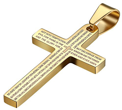 JewelryWe Schmuck Edelstahl Bibel Gebet Kreuz Anhänger mit 54cm Kette, Halskette für Herren Damen, Gold