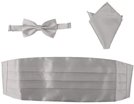 Unbekannt 3pcs Maenners Satin Fliege Kummerbund Taschentuch Taschentuch Silber