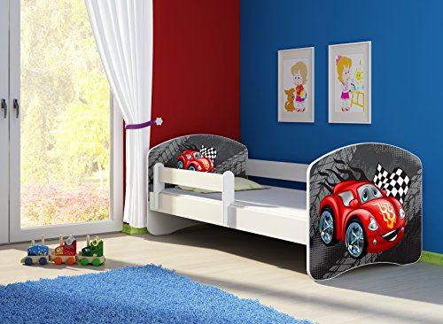 CLAMARO 'Fantasia Weiß' 160 x 80 Kinderbett Set inkl. Matratze und Lattenrost, mit verstellbarem Rausfallschutz und Kantenschutzleisten, Design: 05 Rennwagen Rot