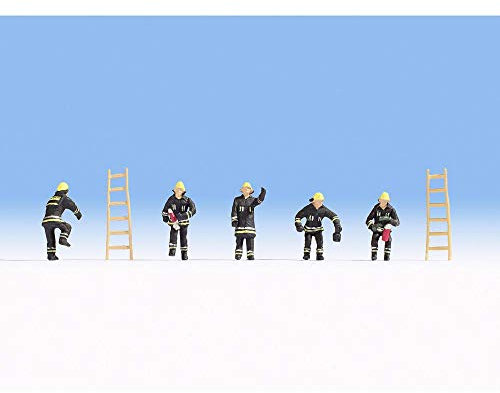 NOCH Feuerwehr, handbemalte Figuren, Set mit 5 Feuerwehrmännern und 2 Leitern, für die Spur N, ideal für Einsatzszenen