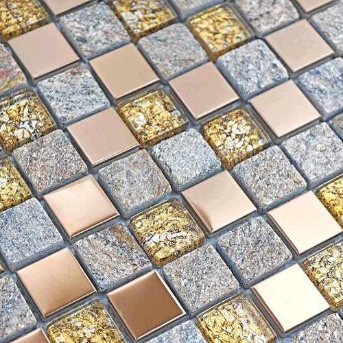 Hominter Luxury Glass Stone Tile Rose Gold Glitter Metal Mosaic Accent Backsplash Tiles in Kitchen Bathroom Walls and Fireplace Decor (5 Square Feet)