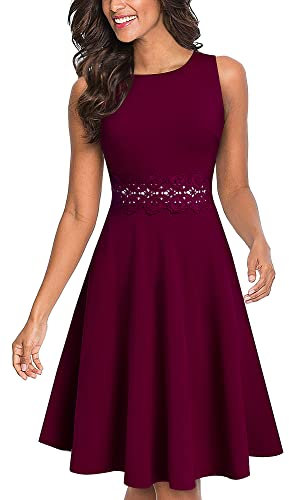 HOMEYEE Robe de Cocktail au Genou brodée Florale sans Manches à col Ras du Cou pour Femme UKA079 (EU 38 = Size M, Carmin)