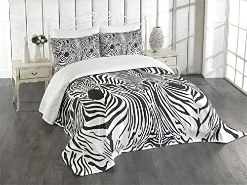 ABAKUHAUS Zebra-Druck Tagesdecke Set, Safari Zebra-Streifen, Set mit Kissenbezügen Kein verblassen, für Doppelbetten 264 x 220 cm, Weiß und Schwarz