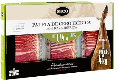 NICO JAMONES - PACK LONCHEADO PALETA DE CEBO IBERICA 50% raza ibérica. 18 sobres de 80 gr. Jamón de sabor gourmet. Especialidad de nuestro Maestro Jamonero.