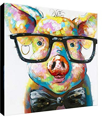 Kunstdruck auf Leinwand, Motiv Schwein mit Brille, gerahmt, 45,7 x 45,7 cm