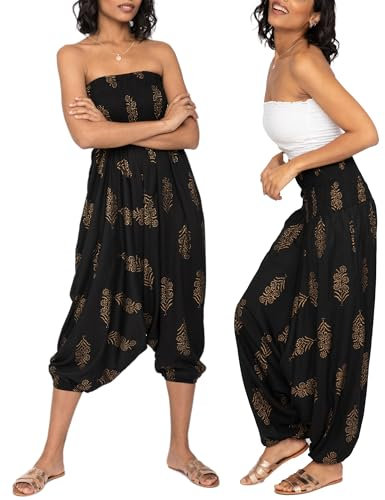 likemary Haremshose Damen Sommer – 2-in-1 Pluderhose mit Taschen Wird zum Bandeau Jumpsuit – Elastische Taille für Urlaub & Freizeit - Pluderhose - Schwarz Gold