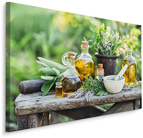 Muralo Leinwandbilder 70x50 Natur Garten Tisch Leinwand Wandbild Kunstdruck Holz Flaschen Schüssel Öl Schlafzimmer Wohnzimmer Wanddekoration Design XXL 821 Br. 70 cm x Hö. 50 cm