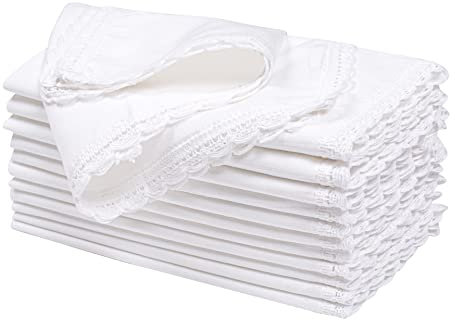 Hausattire Stoffservietten, 50,8 x 50,8 cm, Flachs, Baumwolle, waschbar und wiederverwendbar, Tischservietten mit Spitze für Hotel, Frühling, Ostern, Hochzeiten und Partys, sehr saugfähig, Weiß, 12