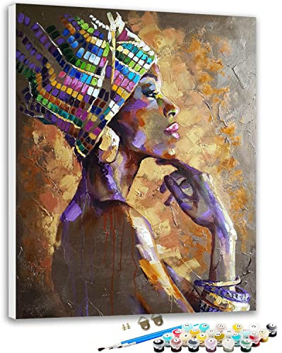 SULISO Peinture par Numero Adulte, Kit Peinture Adulte Enfant Comprend des Peintures Acryliques et des Pinceaux Sans Cadre,Dame Africaine 40x50 cm