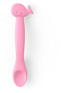 Suavinex, Cuchara de Silicona para Bebés +4 meses, Cuchara de Aprendizaje Flexible con Mango Largo. Cuchara Suave y Blanda para Encías Sensibles. Apta para lavavajillas. Diseño Ballena, Rosa