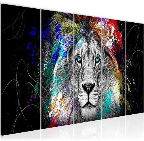 Runa Art Wandbild XXL Löwe Graffiti Loft Wohnzimmer 200 x 80 cm Schwarz Bunt 5 Teilig - Made in Germany - 039455a