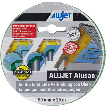 ALUJET Alusan Klebeband zur luftdichten Verklebung von Dampfbremsfolien an Durchdringungen und bei Überlappungen, Dichtband für Dampfsperre, 60x25