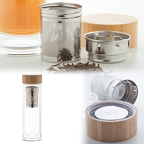 Antevia – Termo botella isotérmica de 420 ml con infusor de té | Doble pared | Más de 10 modelos | Material: vidrio borosilicato y bambú | Caliente frío (Andina)
