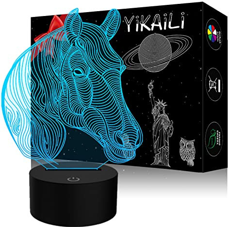 YiKAiLi 3D Illusion Lampe Pferdekopf Tier LED-Nachtlicht 7 Farbwechsel USB-Stromversorgung Berührungsschalter Stimmungslicht Schlafzimmer Schreibtischlampe für Kinder Weihnachts Geburtstag Geschenk