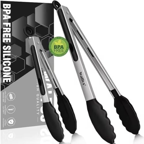Walfos - Lot de 2 pinces de cuisine résistante à la chaleur - En acier inoxydable épais et embouts en silicone sans BPA - Idéale pour la cuisson, le barbecue - 23 cm et 30,5 cm