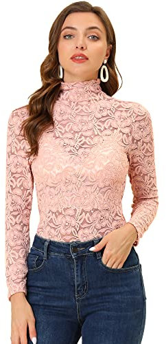 Allegra K Chemisier en Dentelle Florale Femme Haut Transparente à Manches Longues et Col Ras du Cou Rose L